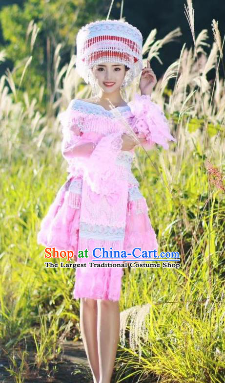 China Ethnic Miao Nationality Pink Blouse and Short Skirt Traditional Festival Costume Minority Celebration Dress with Headwear