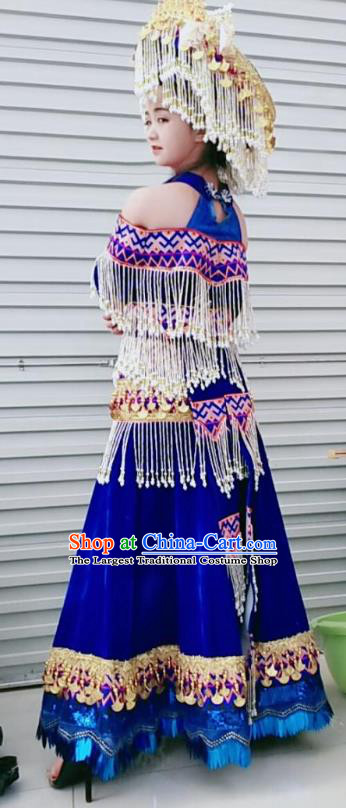 China Ethnic Traditional Celebration Clothing Nationality Bride Costume Yao Minority Royalblue Wedding Dress with Headwear