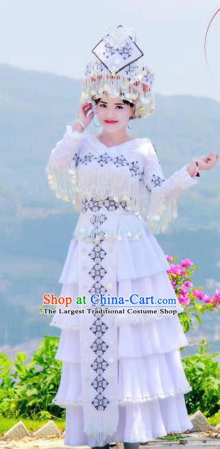 Top Grade China Traditional Miao Ethnic Costumes Yunnan Minority Nationality Folk Dance White Dress and Headwear