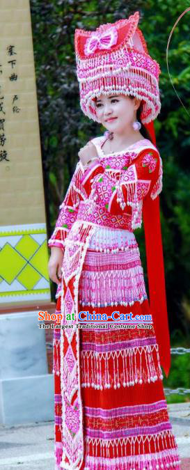 China Traditional Yi Nationality Costumes Minority Folk Dance Dress Miao Ethnic Bride Red Clothing and Headpiece