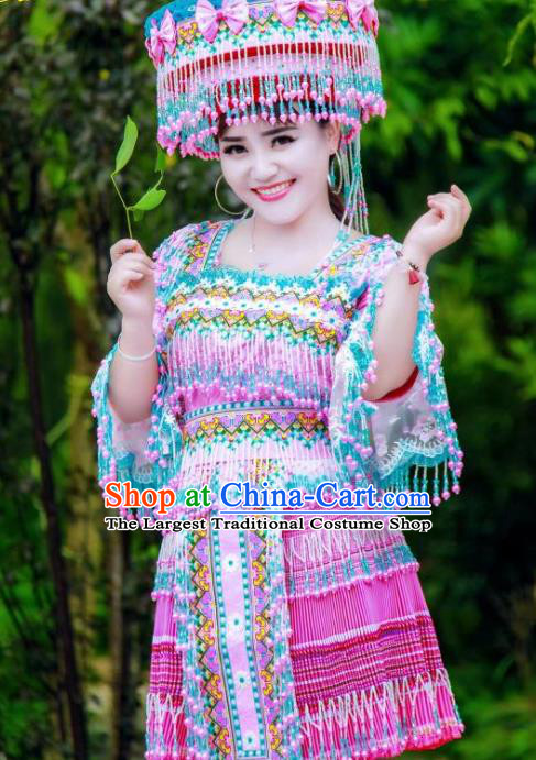 China Tourist Attraction Stage Show Clothing Traditional Miao Minority Nationality Folk Dance Costumes and Hat