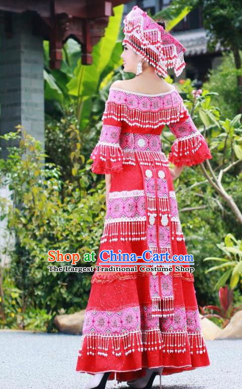 China Miao Minority Wedding Costumes Yunnan Tourist Attraction Stage Performance Clothing Traditional Ethnic Dance Long Dress and Hat