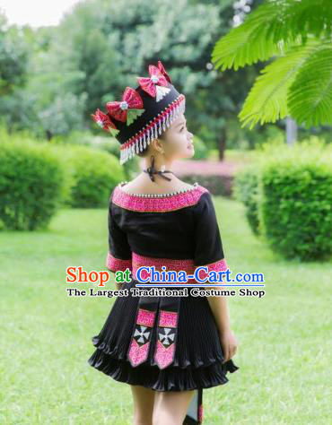 China Guizhou Miao Minority Female Black Dress Tourist Attraction Photography Costumes Traditional Folk Dance Clothing and Hat