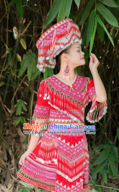 China Guizhou Folk Dance Red Short Dress Miao Minority Female Clothing Tourist Attraction Photography Costumes and Hat