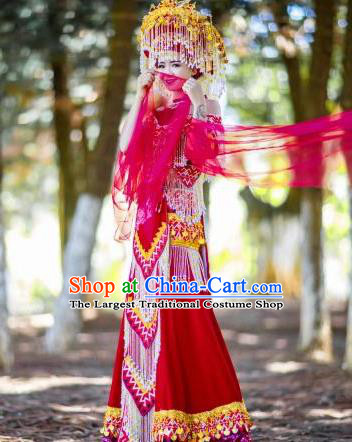 China Yao Minority Wedding Dress Ethnic Traditional Celebration Clothing Nationality Bride Costume with Headwear