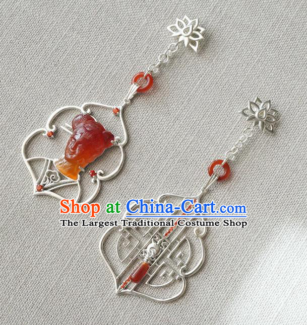 Top Grade Chinese Traditional Accessories Handmade Silver Ear Jewelry Classical Cheongsam Agate Palace Lady Earrings