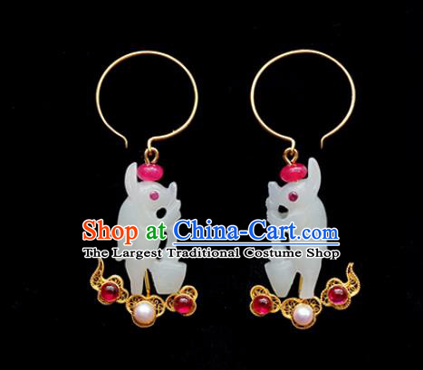 Top Grade Chinese Handmade Jade Rabbit Ear Jewelry Classical Qing Dynasty Palace Lady Gems Earrings Traditional Accessories