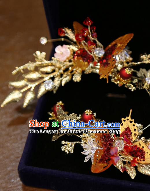 Chinese Classical Red Butterfly Hair Sticks Hair Accessories Traditional Wedding Crystal Hairpins
