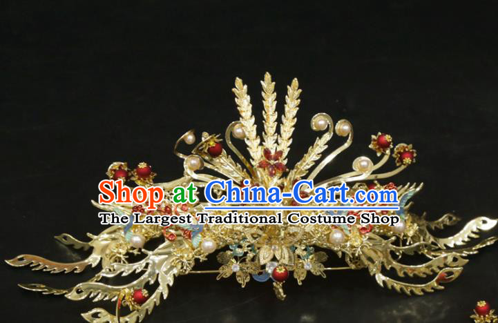 Chinese Wedding Golden Phoenix Hair Crown Traditional Xiuhe Suit Hair Accessories Bride Tassel Hairpins Full Set