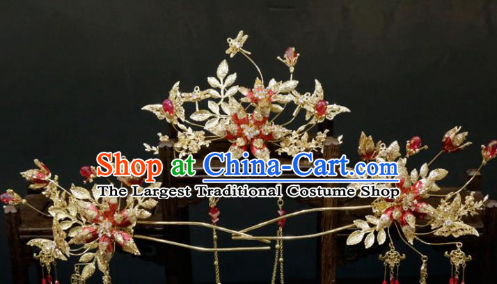 Chinese Xiuhe Suit Classical Hair Accessories Traditional Wedding Golden Hair Comb and Tassel Hairpins