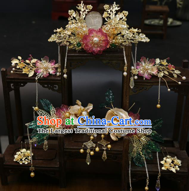 Chinese Traditional Xiuhe Suit Hair Accessories Wedding Bride Hair Crown Tassel Hairpins Full Set