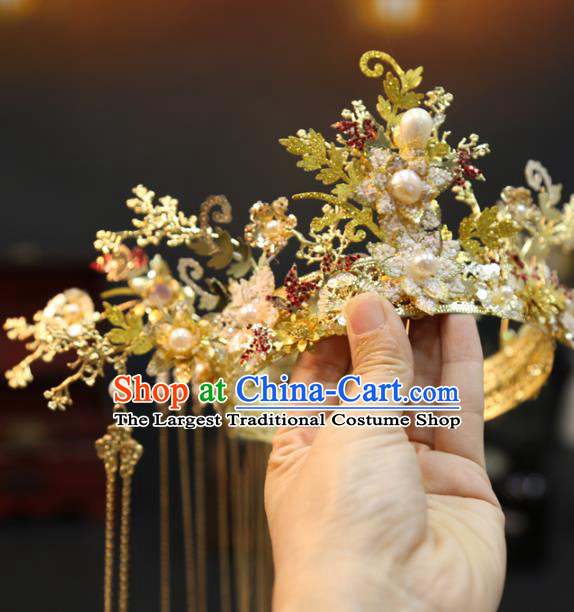 Chinese Bride Golden Hair Crown Xiuhe Suit Hair Accessories Traditional Wedding Phoenix Coronet