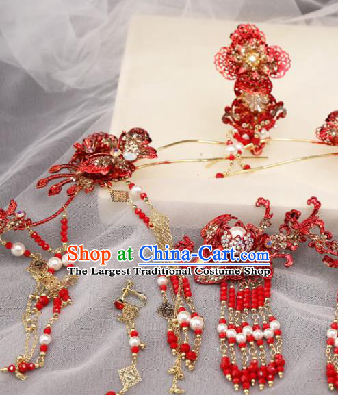 Chinese Bride Xiuhe Suit Hair Accessories Traditional Wedding Red Hair Crown and Phoenix Hairpins Complete Set