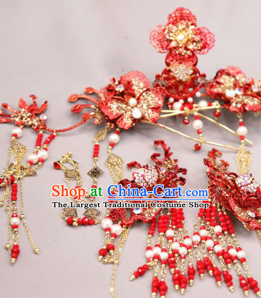 Chinese Bride Xiuhe Suit Hair Accessories Traditional Wedding Red Hair Crown and Phoenix Hairpins Complete Set