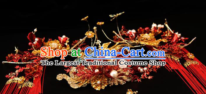 Chinese Traditional Wedding Red Hair Crown and Phoenix Hairpins Bride Xiuhe Suit Hair Accessories Complete Set