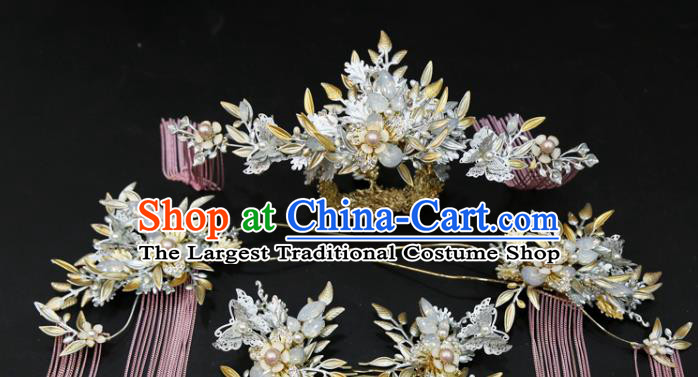 Chinese Traditional Wedding Hair Crown and Pink Tassel Hairpins Xiuhe Suit Headdress Classical Hair Accessories