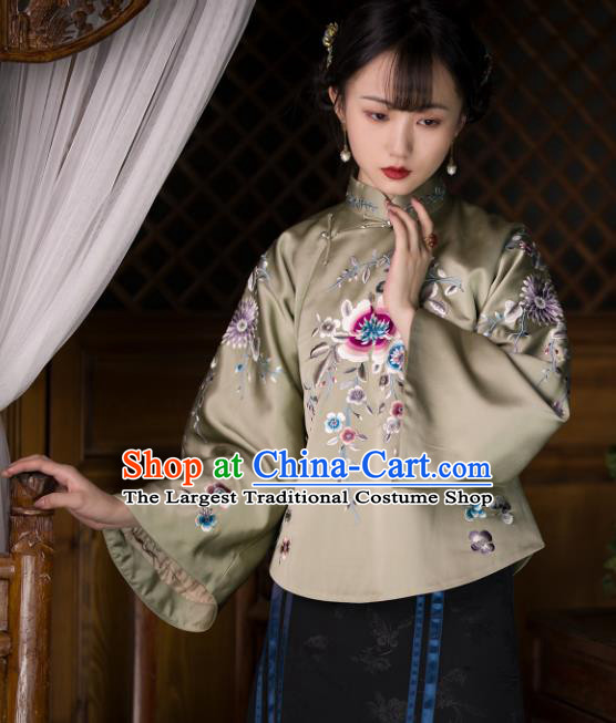 Chinese Traditional Upper Outer Garment Clothing Republic of China Coat Tang Suit Embroidered Green Silk Jacket for Women