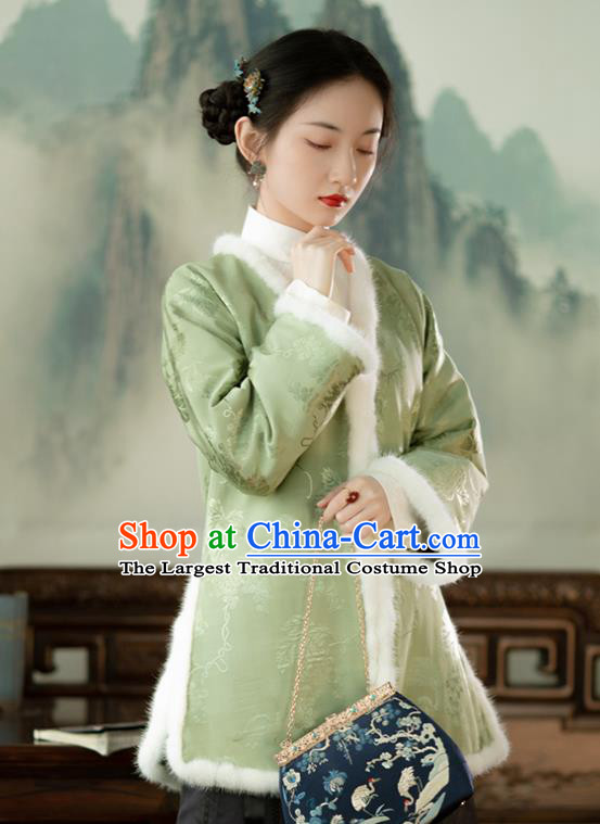 Chinese Tang Suit Cotton Padded Jacket Republic of China Clothing Traditional Upper Outer Garment Green Silk Coat for Women