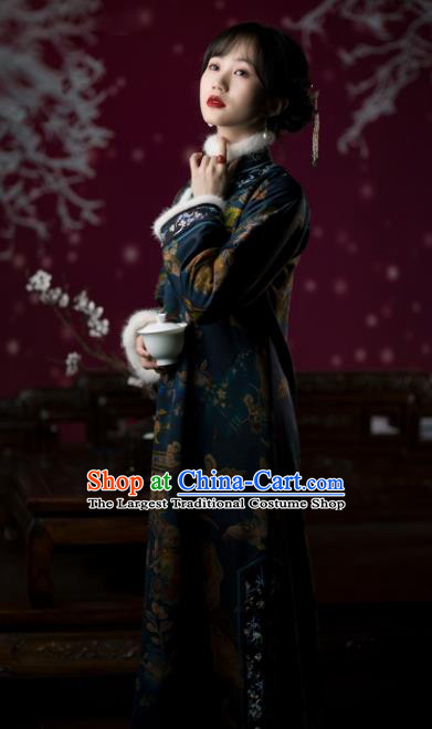 Chinese Traditional Qipao Dress Qing Dynasty Costume Winter Deep Blue Silk Cheongsam