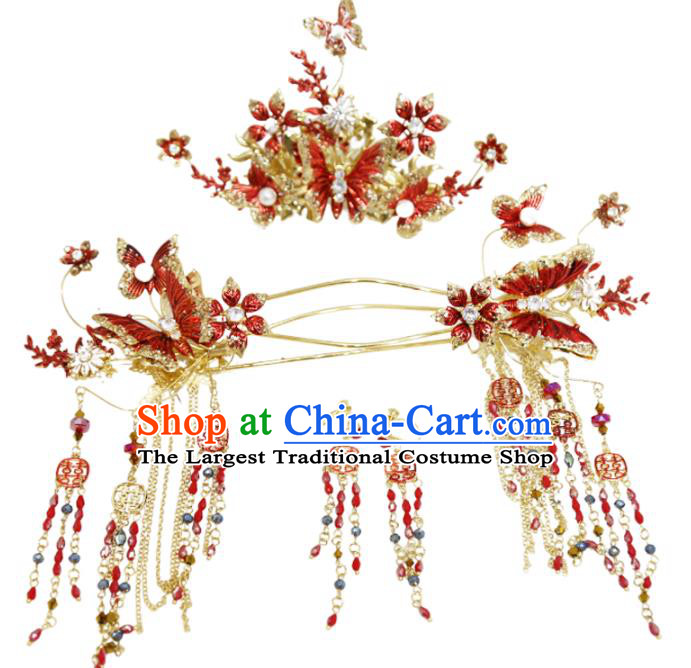 Chinese Classical Hair Accessories Traditional Wedding Xiuhe Suit Red Butterfly Hair Crown and Hairpins Full Set
