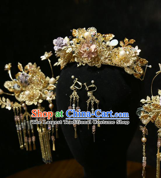 Chinese Xiuhe Suit Hair Crown and Tassel Hairpins Traditional Wedding Hair Accessories Full Set
