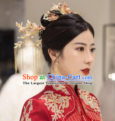 Chinese Traditional Golden Hair Comb and Hairpins Wedding Hair Accessories Xiuhe Suit Headpieces Full Set