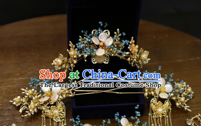 Chinese Xiuhe Suit Shell Plum Hair Crown Classical Hair Accessories Traditional Wedding Tassel Hairpins Full Set