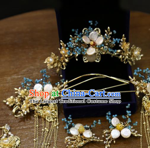 Chinese Xiuhe Suit Shell Plum Hair Crown Classical Hair Accessories Traditional Wedding Tassel Hairpins Full Set