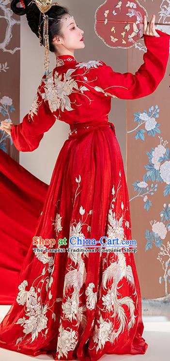 Traditional China Ancient Royal Princess Embroidered Red Costumes Tang Dynasty Wedding Clothing Complete Set