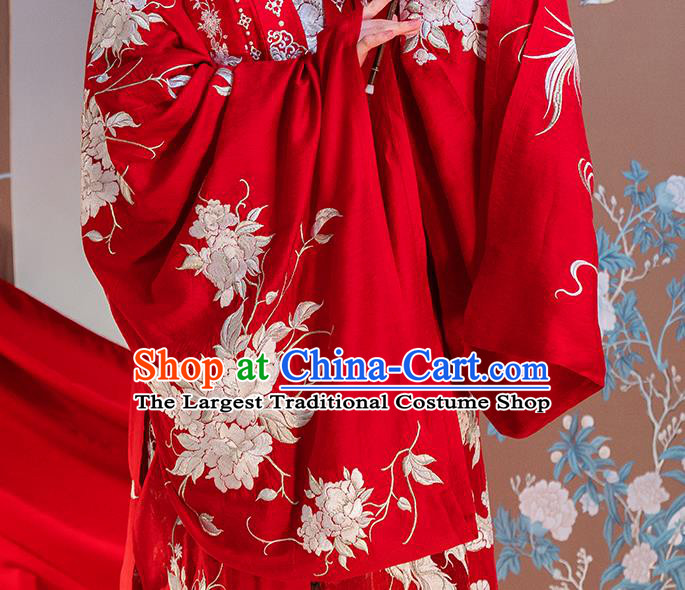 Traditional China Ancient Royal Princess Embroidered Red Costumes Tang Dynasty Wedding Clothing Complete Set