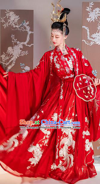 Traditional China Ancient Royal Princess Embroidered Red Costumes Tang Dynasty Wedding Clothing Complete Set