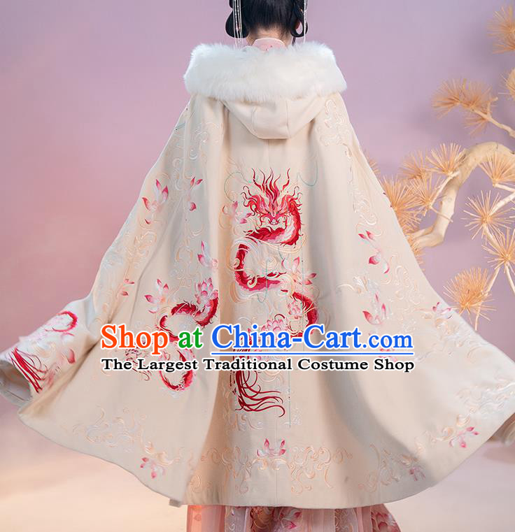 China Ancient Princess Embroidered Lotus Dragon White Cloak Traditional Jin Dynasty Palace Woman Hanfu Clothing
