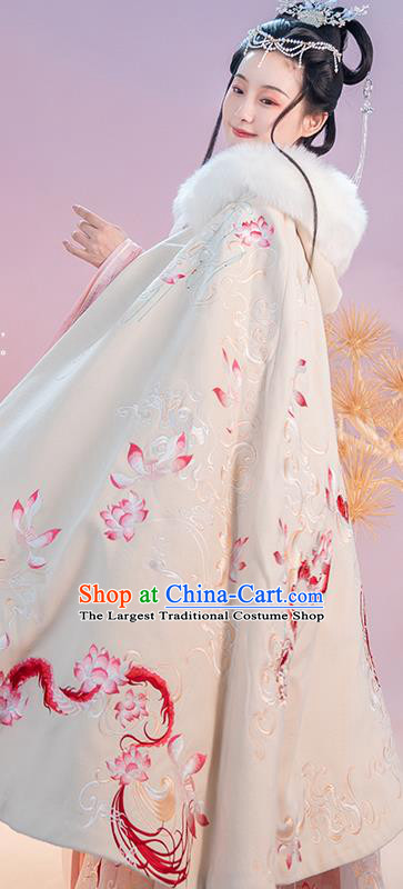 China Ancient Princess Embroidered Lotus Dragon White Cloak Traditional Jin Dynasty Palace Woman Hanfu Clothing