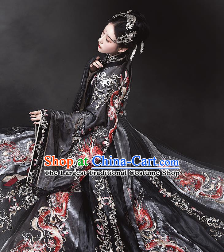 Ancient China Jin Dynasty Imperial Concubine Hanfu Dress Traditional Embroidered Black Clothing Full Set