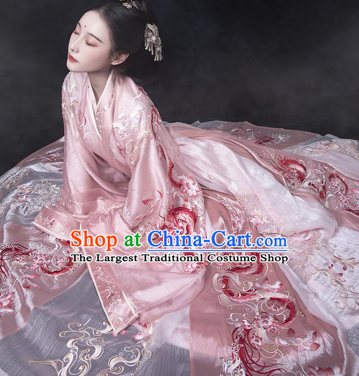 China Traditional Jin Dynasty Princess Pink Hanfu Dress Ancient Palace Lady Embroidered Clothing Complete Set