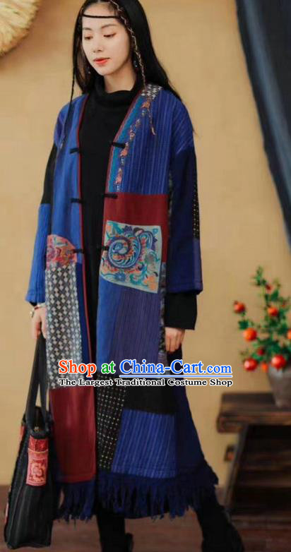 China Tang Suit Blue Flax Overcoat National Women Dust Coat Traditional Embroidered Costume
