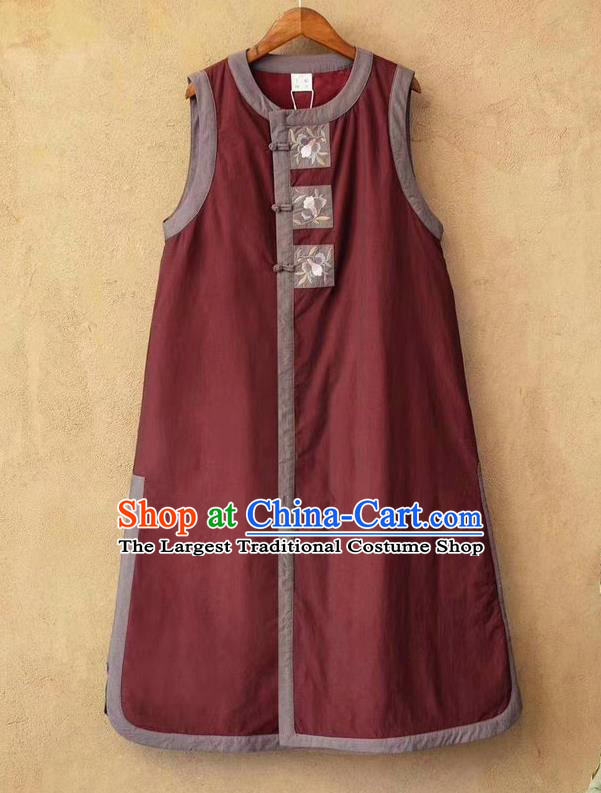 China Women Traditional Tang Suit Upper Outer Garment Clothing Embroidered Vest National Purplish Red Flax Long Waistcoat