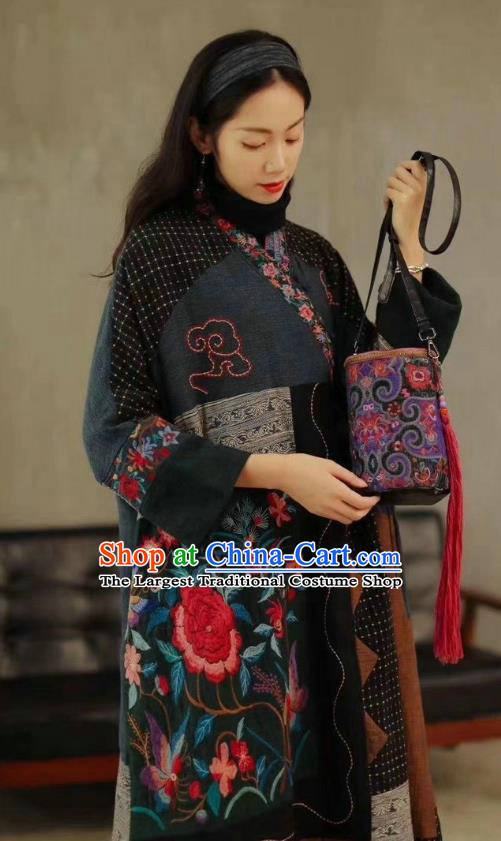 China National Flax Dust Coat Women Tang Suit Embroidered Coat Traditional Dress Costume