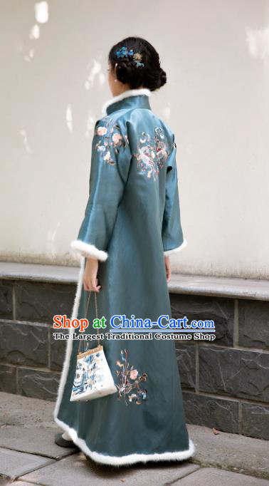 Chinese Traditional Blue Silk Cotton Padded Coat Tang Suit Embroidered Dust Coat Greatcoat for Women