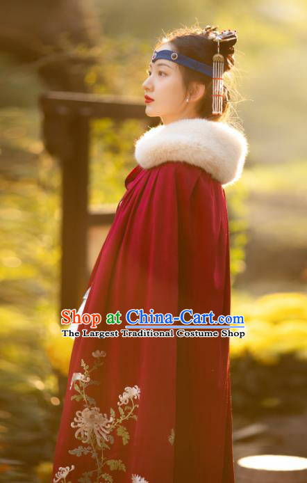 Chinese Traditional Qing Dynasty Costume Ancient Court Lady Embroidered Red Cloak