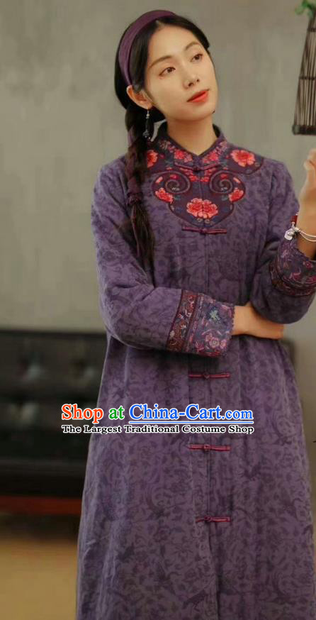 China National Violet Flax Cotton Padded Coat Traditional Embroidered Winter Costume Tang Suit Women Dust Coat