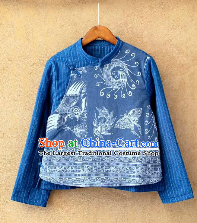 China National Blue Flax Shirt Traditional Batik Costume Tang Suit Women Blouse
