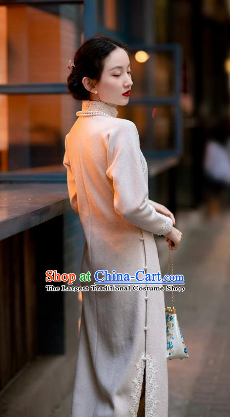 Chinese National Beige Woolen Cheongsam Republic of China Traditional Women Costume Classical Qipao Dress