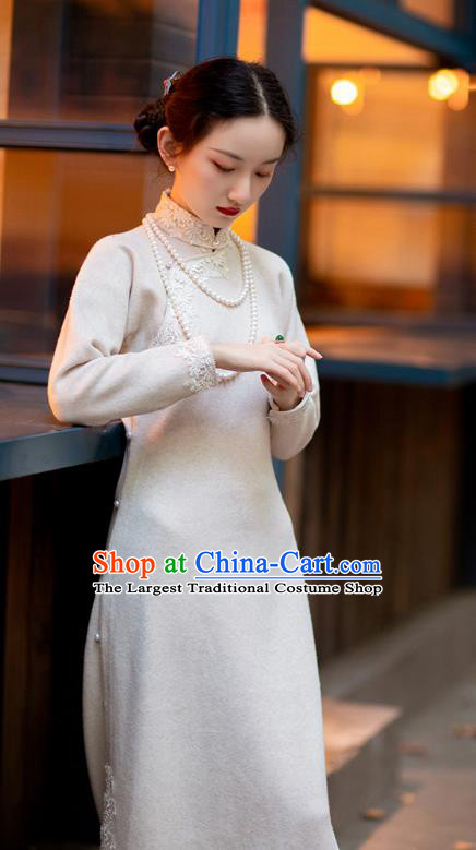Chinese National Beige Woolen Cheongsam Republic of China Traditional Women Costume Classical Qipao Dress