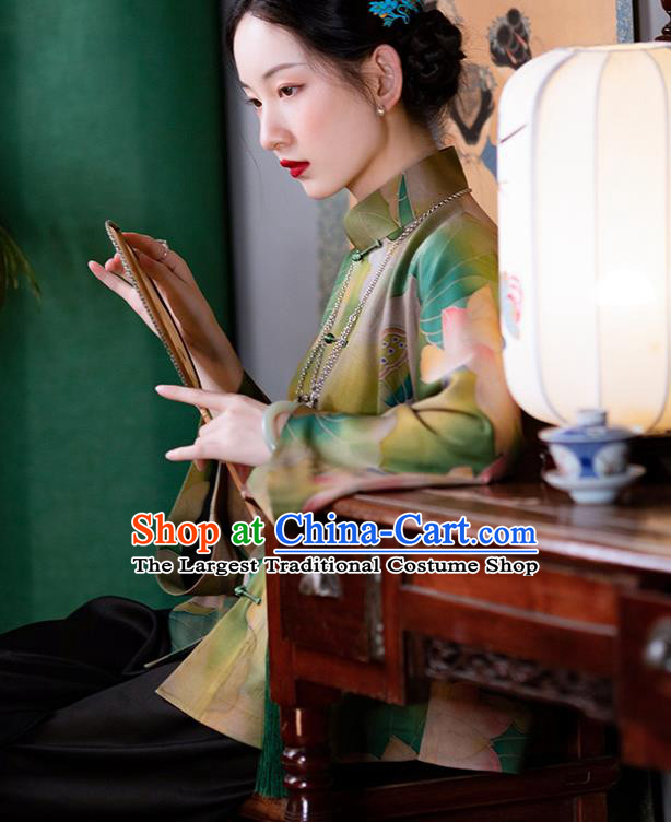 Chinese National Clothing Tang Suit Outer Garment Traditional Lotus Pattern Green Silk Mandarin Jacket for Women