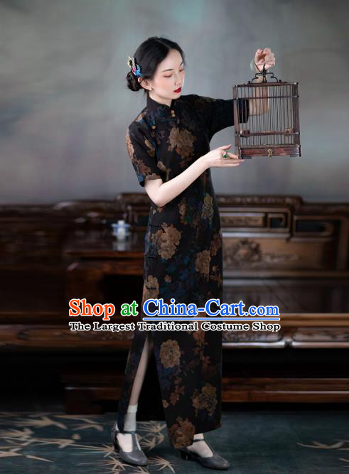 Asian Classical Cheongsam Republic of China Traditional Black Silk Qipao Dress National Costume