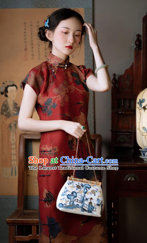 Classical Red Silk Cheongsam Republic of China Traditional Qipao Dress Chinese National Costume