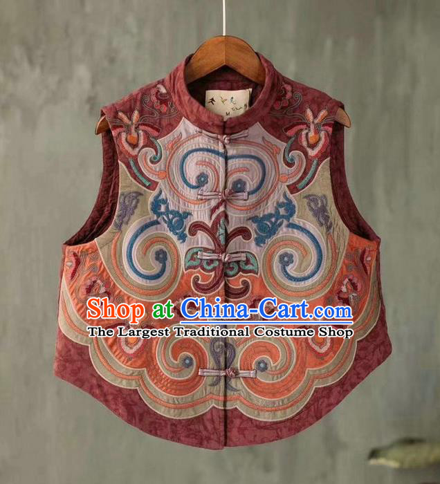 China National Embroidered Purplish Red Waistcoat Women Flax Vest Traditional Tang Suit Upper Outer Garment Clothing