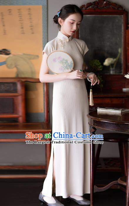 Chinese Classical Beige Long Qipao Dress Traditional National Women Cheongsam Costume