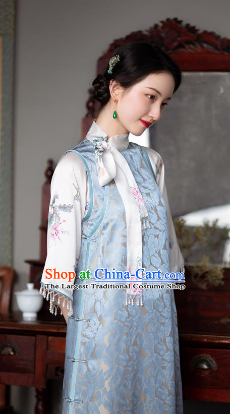 Republic of China Traditional Costume National Women Qipao Classical Blue Silk Cheongsam Dress